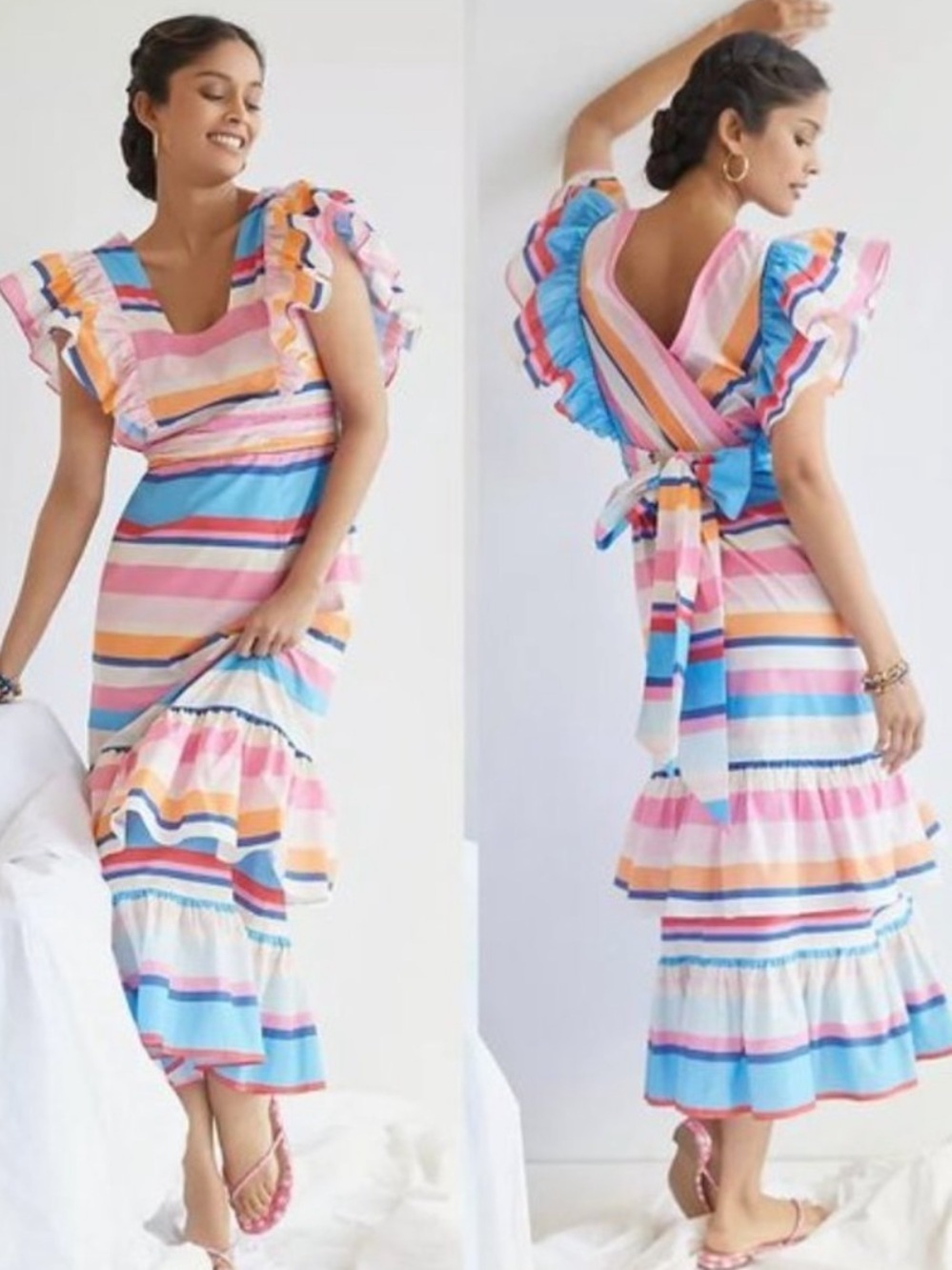 Plenty by Tracy Reese Pink & Blue Striped Ruffle Maxi Dress